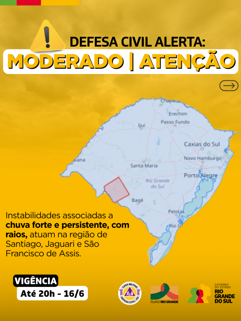 Defesa Civil alerta: Condição de ATENÇÃO para instabilidades associadas a chuva forte e persistente, com raios