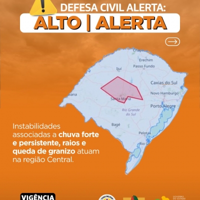 Defesa Civil alerta: Condição de ALERTA para instabilidades associadas a chuva forte e persistente, raios e queda de granizo