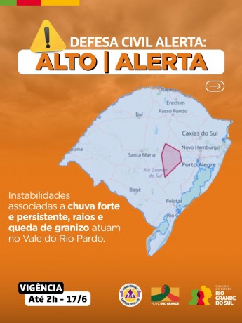 Defesa Civil alerta: Condição de ALERTA para instabilidades associadas a chuva forte e persistente, raios e queda de granizo
