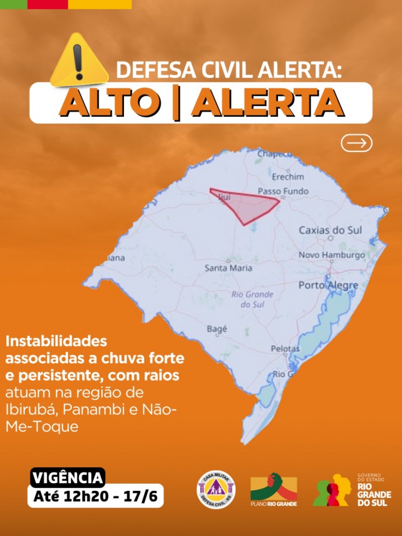 Mapa do RS em fundo LARANJA com alerta para instabilidades associadas a chuva forte e persistente, com raios atuando na região de Ibitubá, Pnambi e Não-me-toque. Válido até as 12h20 do dia 17 de junho de 2025 