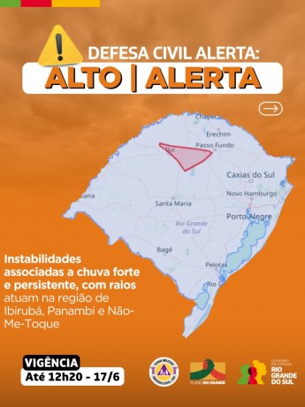 Mapa do RS em fundo LARANJA com alerta para instabilidades associadas a chuva forte e persistente, com raios atuando na região de Ibitubá, Pnambi e Não-me-toque. Válido até as 12h20 do dia 17 de junho de 2025 