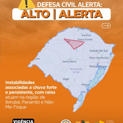 Mapa do RS em fundo LARANJA com alerta para instabilidades associadas a chuva forte e persistente, com raios atuando na região de Ibitubá, Pnambi e Não-me-toque. Válido até as 12h20 do dia 17 de junho de 2025 