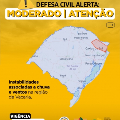 mapa do RS em fundo AMARELO para estado de atenção sobre instabilidade associadas a chuva e ventos na região de Vacaria até o 12h do dia 17/06