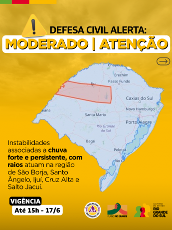 Alerta moderado para chuva forte persistente e raios