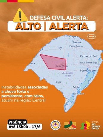 Defesa Civil alerta: condição de ALERTA instabilidades associadas a chuva forte e persistente, com raios.