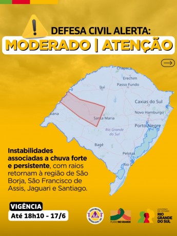 Mapa do RS em fundo amarelo com instabilidades associadas a chuvas e fortes e persistentes, com raios retornam à região de São Borja, São Francisco de Assis, Jguari e Santiago. Válido até as 18h10 de 17 de junho de 2025. 