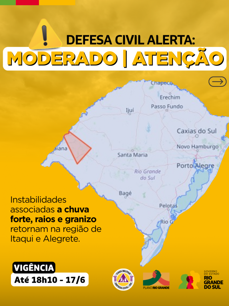 Defesa Civil alerta: Condição de ATENÇÃO à chuva, raios e granizo nas regiões de Alegrete e Itaqui. Risco MODERADO de destelhamento.