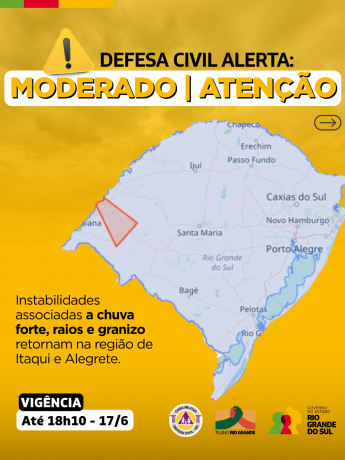 Defesa Civil alerta: Condição de ATENÇÃO à chuva, raios e granizo nas regiões de Alegrete e Itaqui. Risco MODERADO de destelhamento.