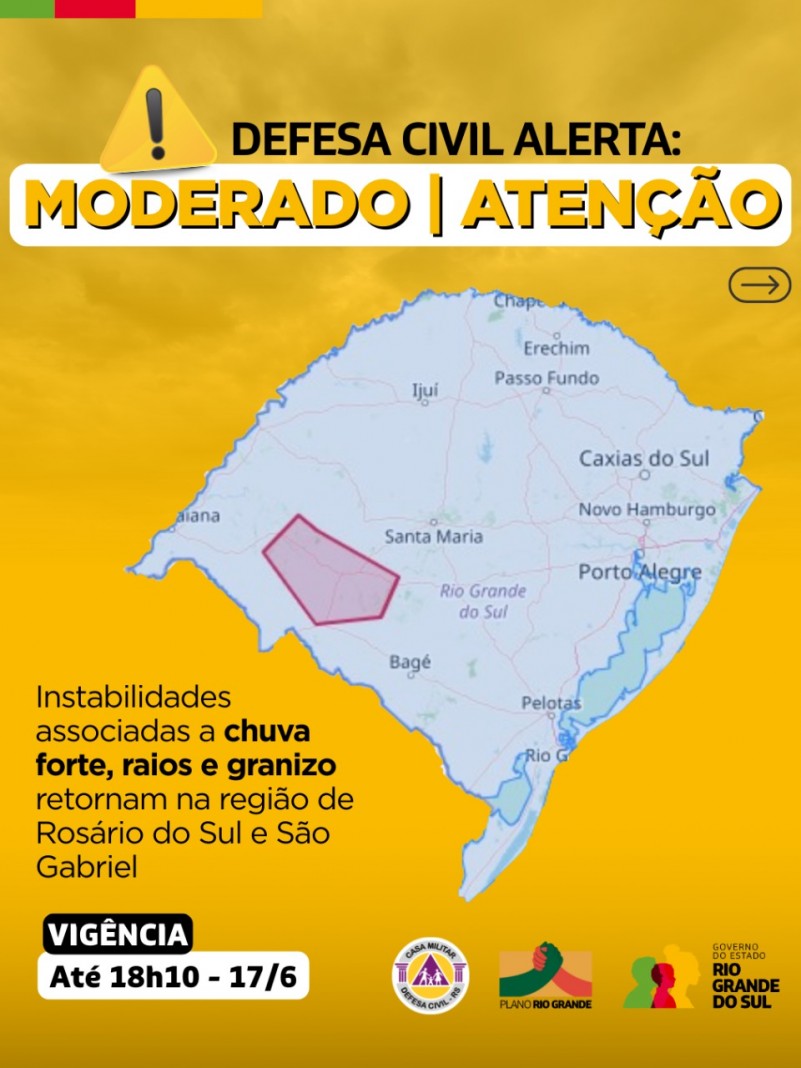 Defesa Civil alerta: Condição de ATENÇÃO para chuva, raios e granizo retornam na região de Rosário do Sul e São Gabriel.