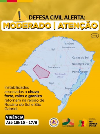 Defesa Civil alerta: Condição de ATENÇÃO para chuva, raios e granizo retornam na região de Rosário do Sul e São Gabriel.