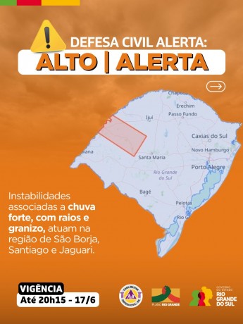 Defesa Civil alerta: Condição de ALERTA para instabilidades associadas a chuva forte, com raios e granizo