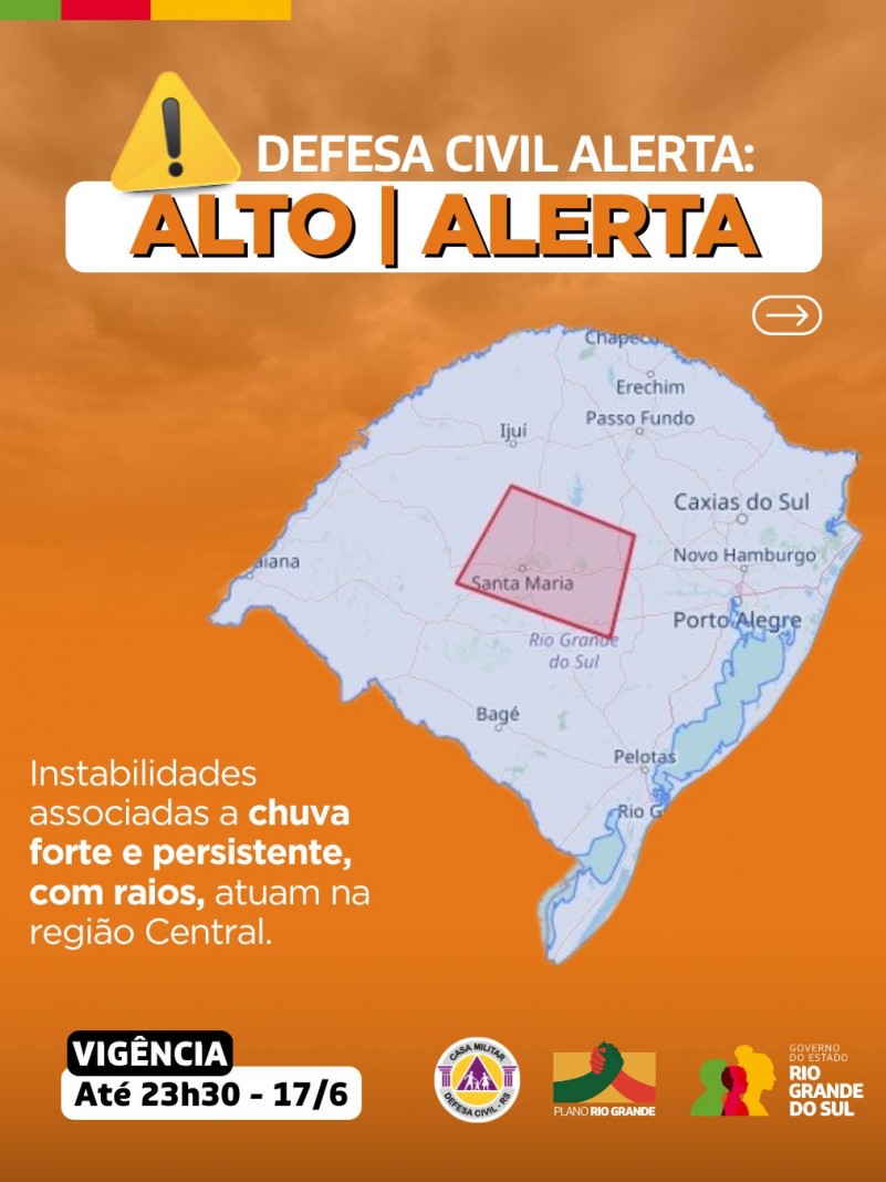 Defesa Civil alerta: Condição de ALERTA para instabilidades associadas a chuva forte e persistente, com raios