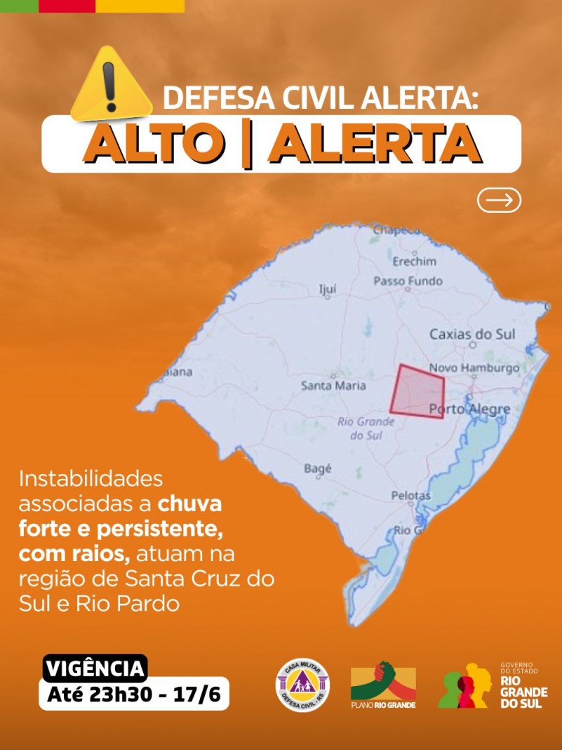 Defesa Civil alerta: Condição de ALERTA para instabilidades associadas a chuva forte e persistente, com raios