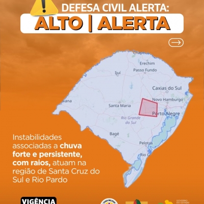 Defesa Civil alerta: Condição de ALERTA para instabilidades associadas a chuva forte e persistente, com raios