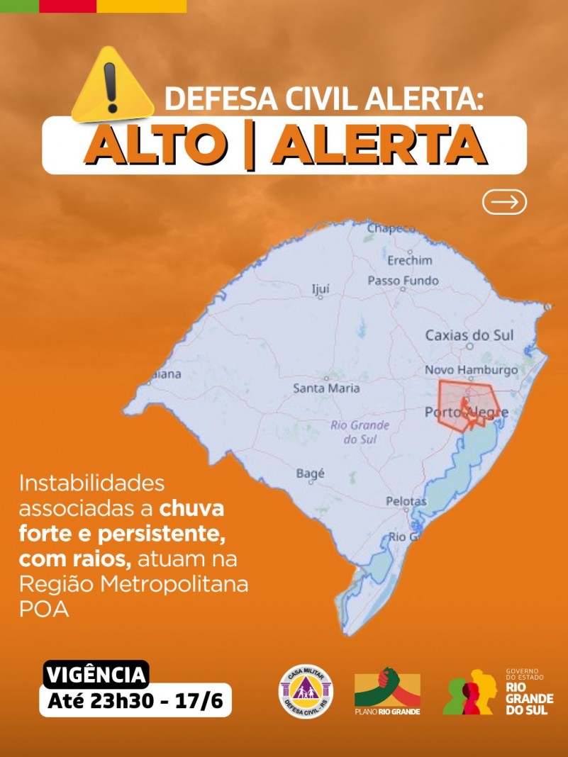 Defesa Civil alerta: Condição de ALERTA para instabilidades associadas a chuva forte e persistente, com raios