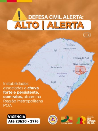 Defesa Civil alerta: Condição de ALERTA para instabilidades associadas a chuva forte e persistente, com raios