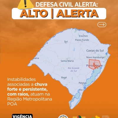 Defesa Civil alerta: Condição de ALERTA para instabilidades associadas a chuva forte e persistente, com raios
