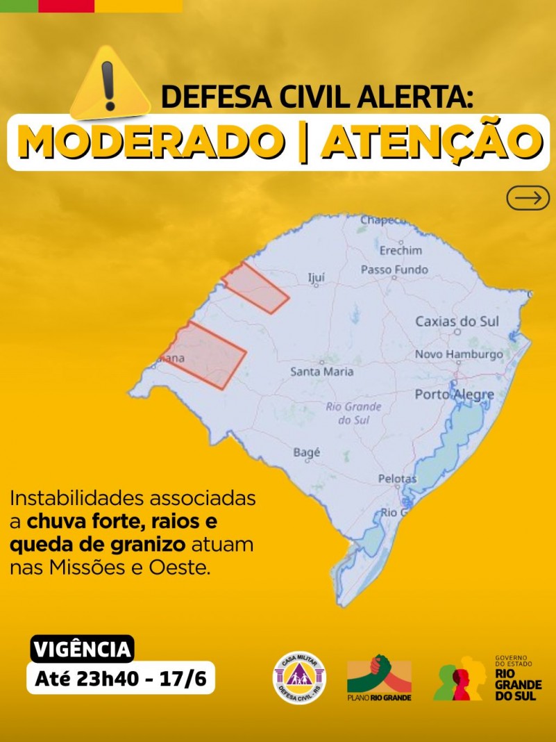 Defesa Civil alerta: Condição de ATENÇÃO para instabilidades associadas a chuva forte, raios e queda de granizo