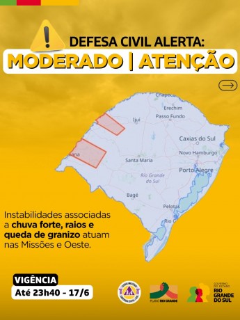 Defesa Civil alerta: Condição de ATENÇÃO para instabilidades associadas a chuva forte, raios e queda de granizo
