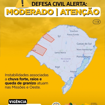 Defesa Civil alerta: Condição de ATENÇÃO para instabilidades associadas a chuva forte, raios e queda de granizo