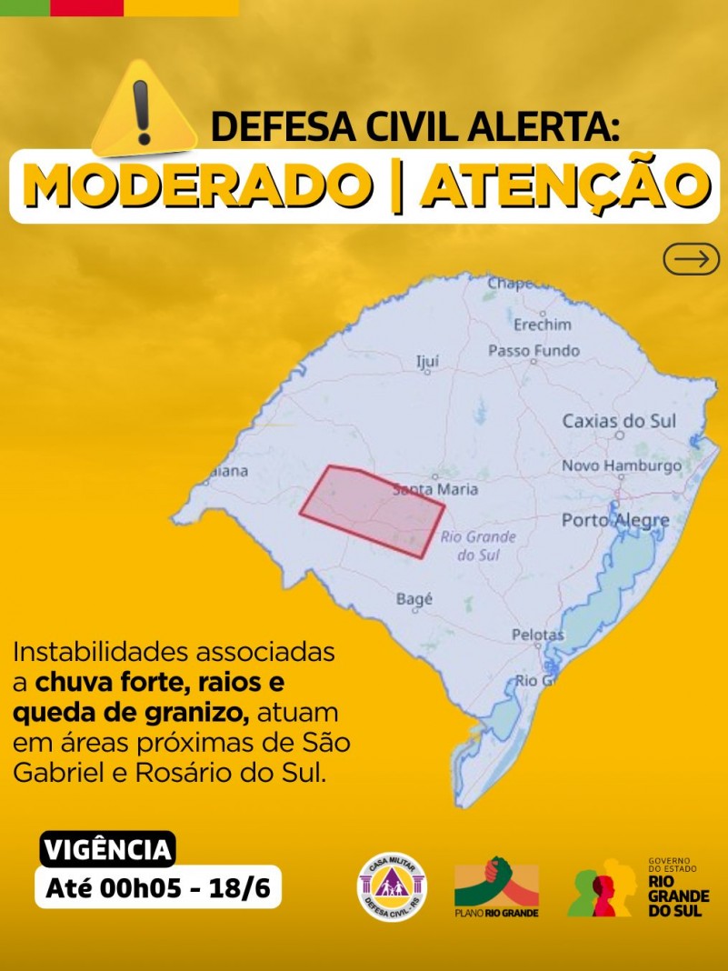 Defesa Civil alerta: Condição de ATENÇÃO para instabilidades associadas a chuva forte, raios e queda de granizo