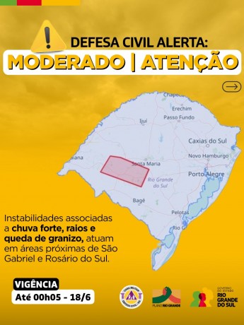 Defesa Civil alerta: Condição de ATENÇÃO para instabilidades associadas a chuva forte, raios e queda de granizo