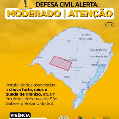 Defesa Civil alerta: Condição de ATENÇÃO para instabilidades associadas a chuva forte, raios e queda de granizo