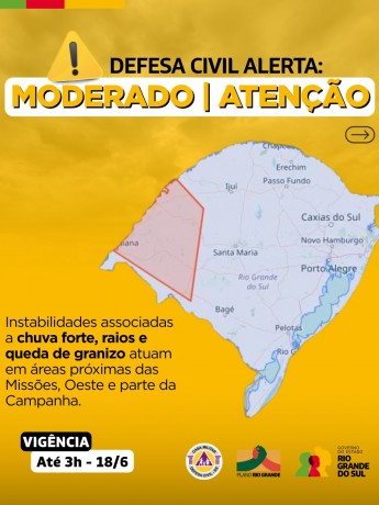 Defesa Civil alerta: Condição de ATENÇÃO para instabilidades associadas a chuva forte, raios e queda de granizo