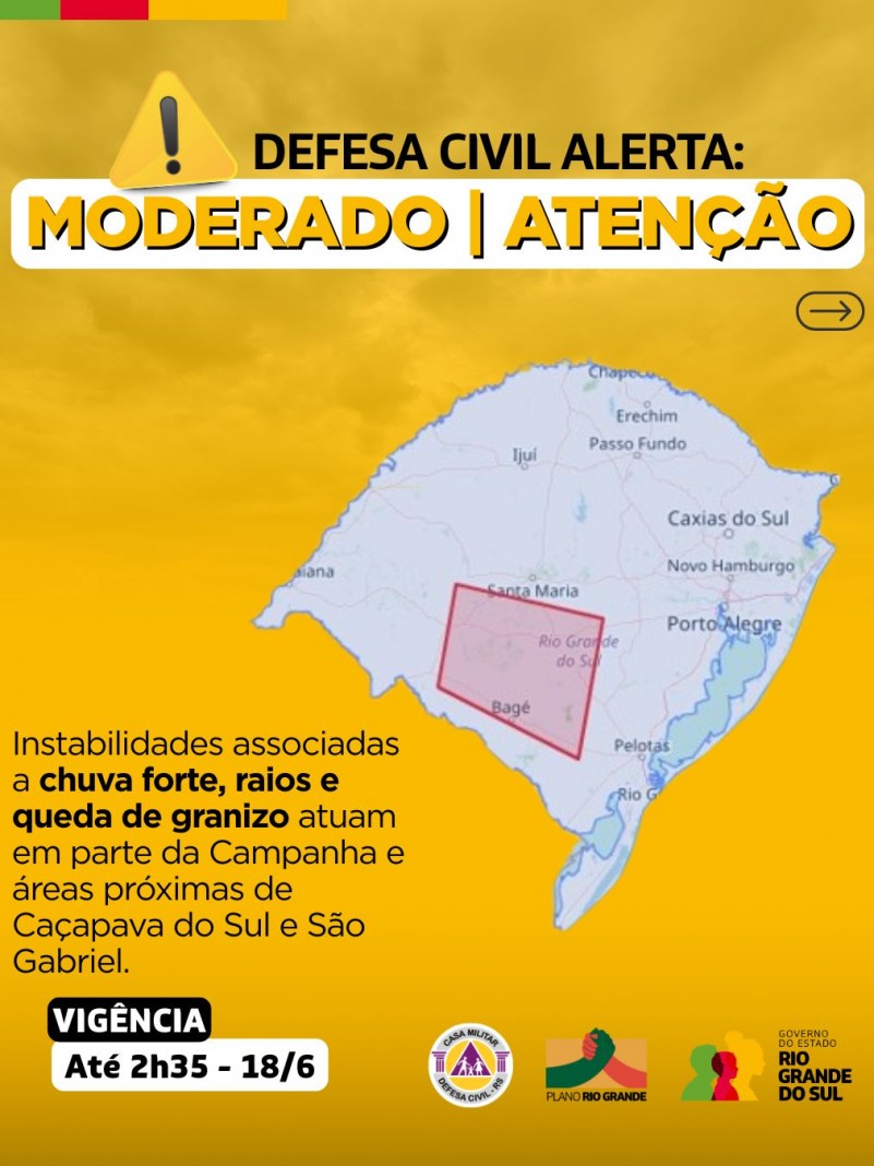 Defesa Civil alerta: Condição de ATENÇÃO para instabilidades associadas a chuva forte, raios e queda de granizo