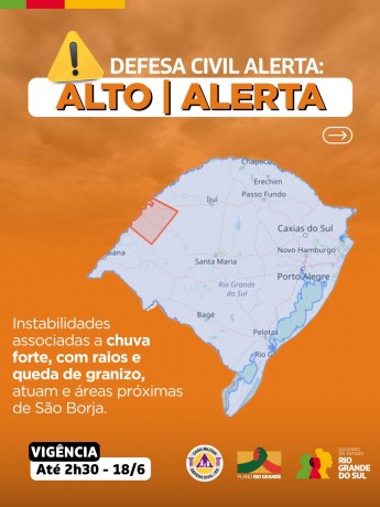 Defesa Civil alerta: Condição de ALERTA para instabilidades associadas a chuva forte, com raios e queda de granizo, que atuam e áreas próximas de São Borja. 