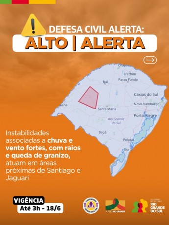 Defesa Civil alerta: Condição de ALERTA para instabilidades associadas a chuva e vento fortes, com raios e queda de granizo