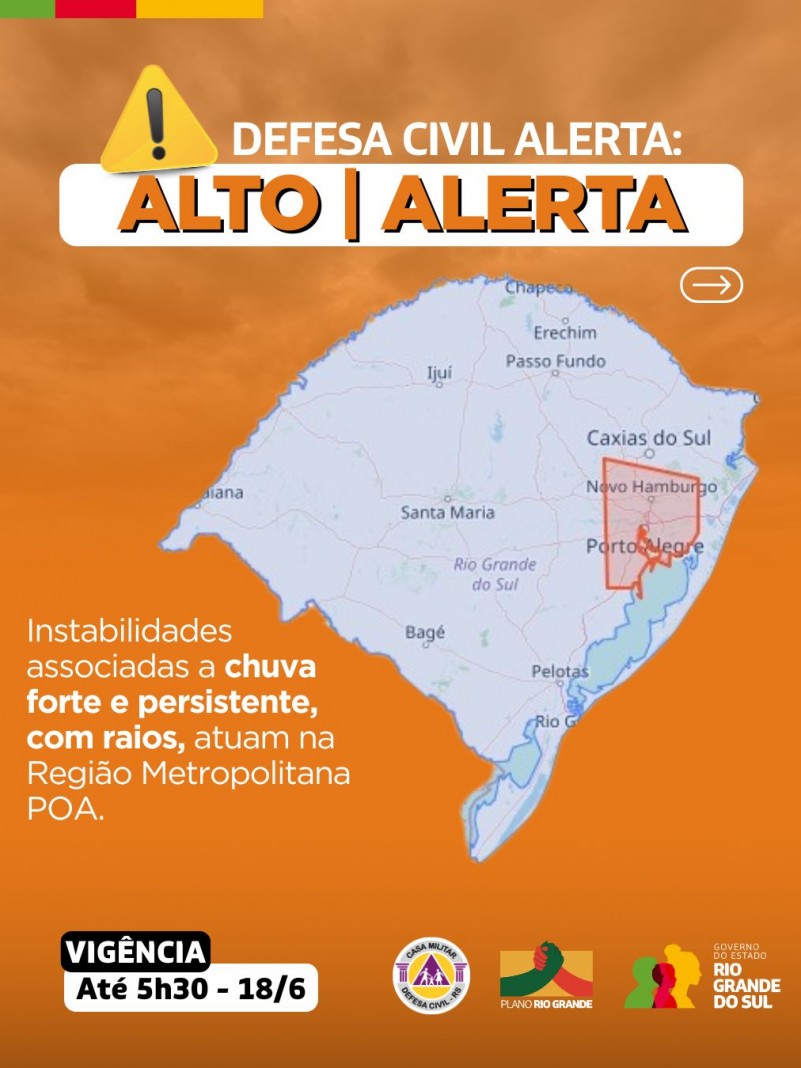 Defesa Civil alerta: Condição de ALERTA para instabilidades associadas a chuva forte e persistente, com raios