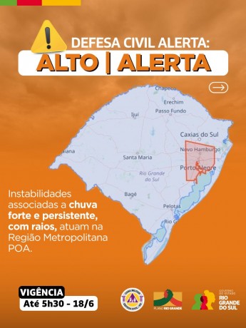 Defesa Civil alerta: Condição de ALERTA para instabilidades associadas a chuva forte e persistente, com raios