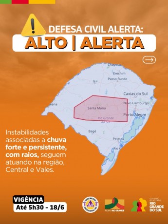 Defesa Civil alerta: Condição de ALERTA para instabilidades associadas a chuva forte e persistente, com raios