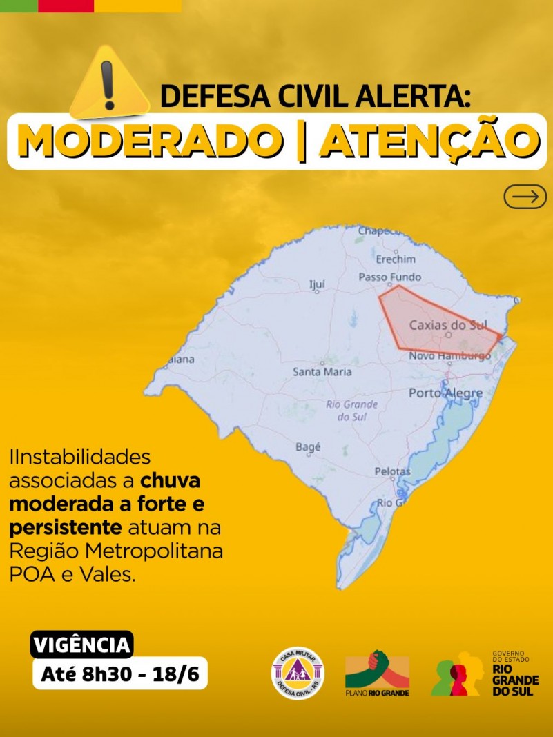 Defesa Civil alerta: Condição de ATENÇÃO para instabilidades associadas a chuva moderada a forte e persistente