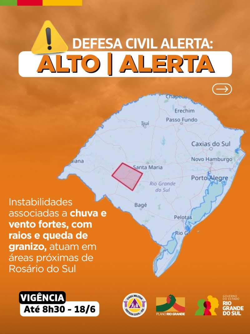 Defesa Civil alerta: Condição de ALERTA para instabilidades associadas a chuva e vento fortes, com raios e queda de granizo