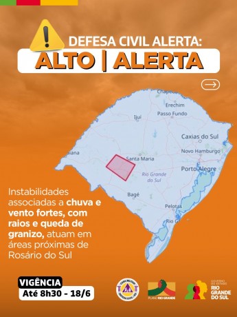 Defesa Civil alerta: Condição de ALERTA para instabilidades associadas a chuva e vento fortes, com raios e queda de granizo