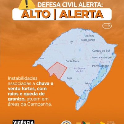 Defesa Civil alerta: Condição de ALERTA para instabilidades associadas a chuva e vento fortes, com raios e queda de granizo