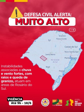 Defesa Civil alerta para condição SEVERA com instabilidades associadas a chuva e vento fortes, com raios e queda de granizo