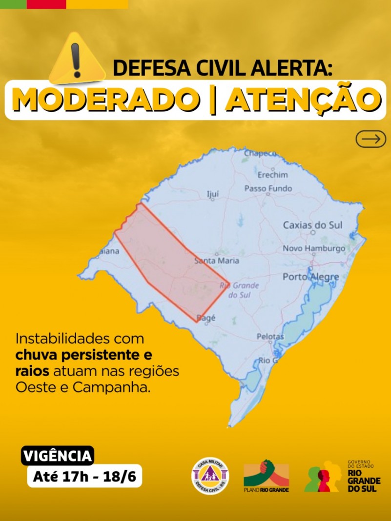 Mapa do RS em fundo amarelo. Avisode atenção para instabilidades com chuvas persistentes e raios atuam na reuniões Oeste e Campanha.