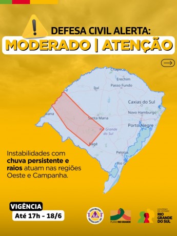 Mapa do RS em fundo amarelo. Avisode atenção para instabilidades com chuvas persistentes e raios atuam na reuniões Oeste e Campanha. 