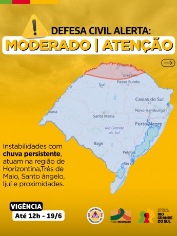 Defesa Civil alerta para condição de ATENÇÃO com chuva persistente em Horizontina, Três de Maio, Santo Ângelo e Ijuí.