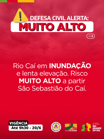 Defesa Civil alerta: condição SEVERA para inundação do rio Caí. Risco MUITO ALTO de inundação a partir de São Sebastião do Caí.