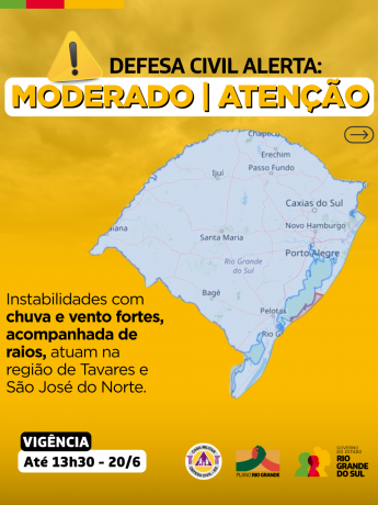 Defesa Civil alerta: Condição de ATENÇÃO para instabilidades com chuva e vento fortes, acompanhada de raios