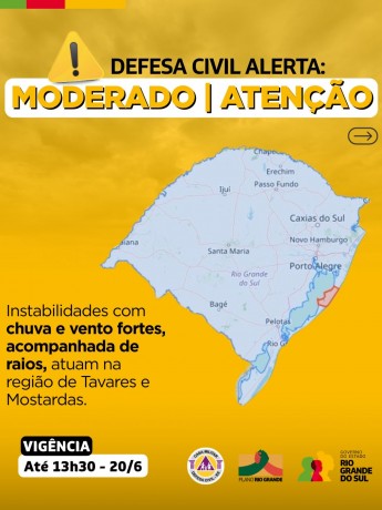 Defesa Civil alerta: Condição de ATENÇÃO para instabilidades com chuva e vento fortes, acompanhada de raios
