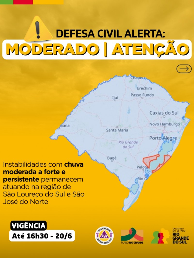 Mapa do RS em fundo amarelo com instabilidades com chuva moderada a forte e persistente permanece atuando na região de São Lourenço e São José do Norte .