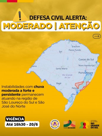 Mapa do RS em fundo amarelo com instabilidades com chuva moderada a forte e persistente permanece atuando na região de São Lourenço e São José do Norte . 