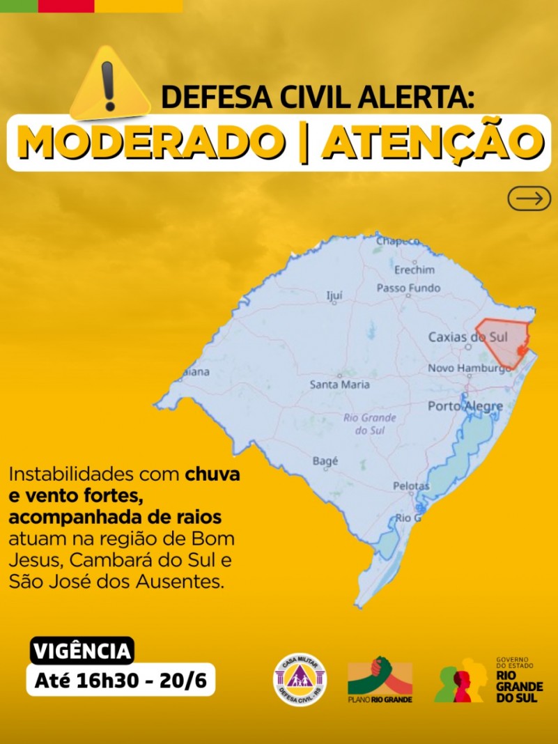 Mapa do RS em fundo amarelo com instabilidades com chuva e vento fortes, acompanhadas de raios atuam na região de Bom Jesus, Cambará do Sul e São Jose dos Ausentes até as 16h30 do dia 20 de junho