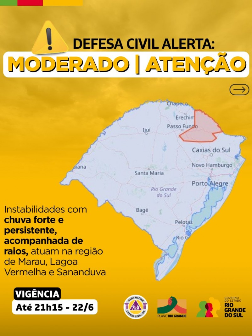 Defesa Civil alerta: Condição de ATENÇÃO para instabilidades com chuva forte e persistente, acompanhadas de raios