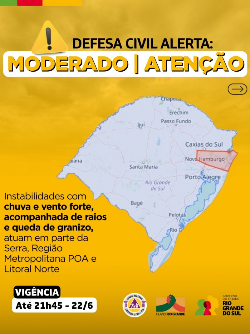 Defesa Civil alerta: Condição de ATENÇÃO para instabilidades com chuva e vento forte, acompanhada de raios e queda de granizo